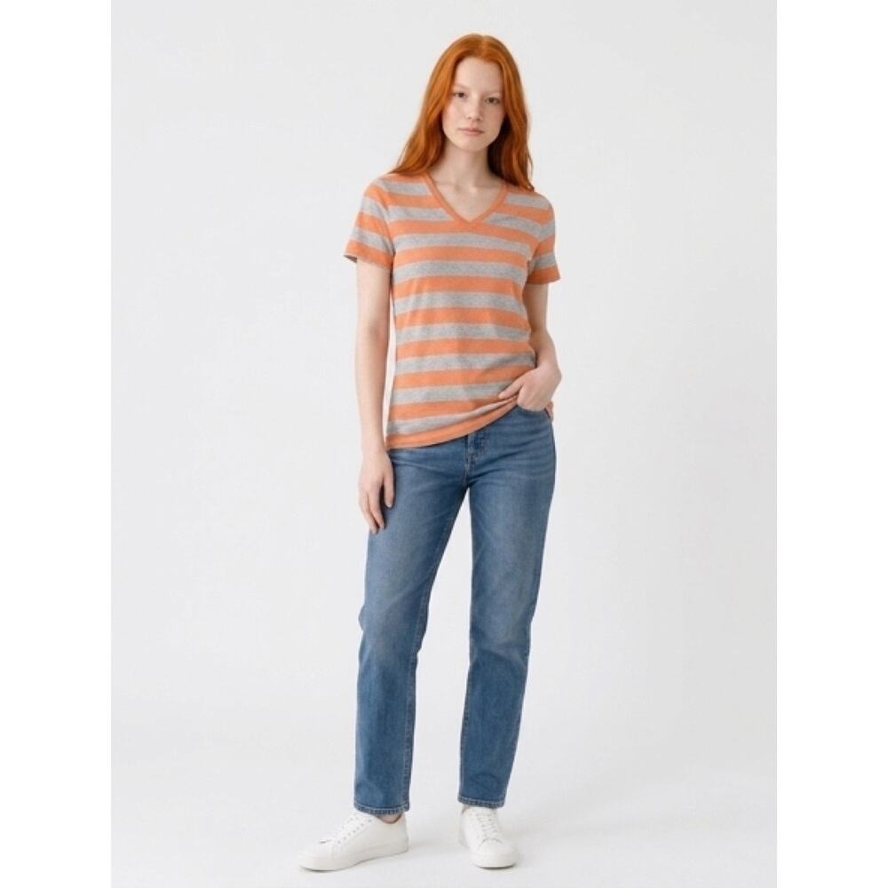 Vintage 1970s Faded Glory Orange Gray Striped V-Neck Tee Size M